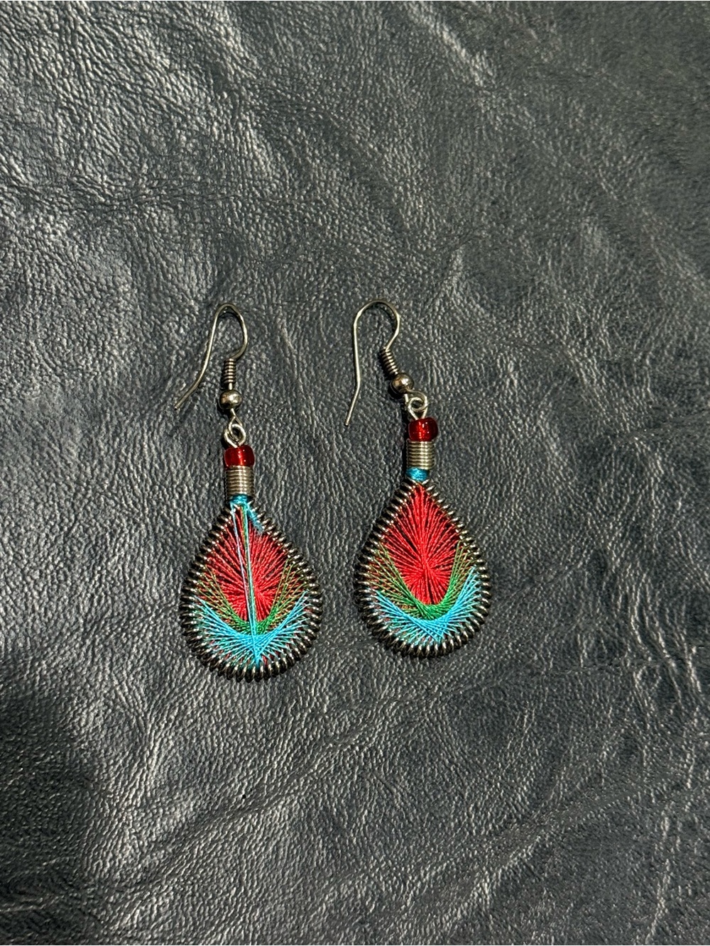 Handcrafted Teardrop Thread-Wrapped Earrings - Red & Turquoise